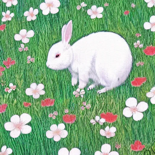 Image similar to a japanese painting of a white rabbit with long hairs in a clover field