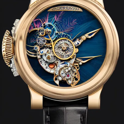 Image similar to a steampunk sleek, jewelled, tropical bird repeater watch by Jaquet Droz, highly detailed illustration highlights, gold and silver highlights, neon blue highlights, macro photography, F/2.8, trending on artstation, octane render