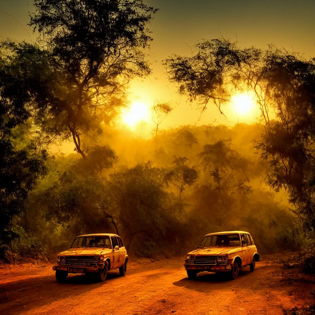 Image similar to bollywood car, on a dusty road, under a setting sun, with a dense jungle