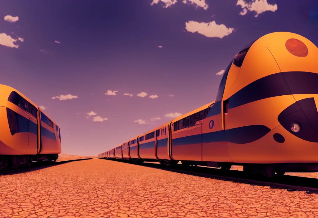 Image similar to futuristic train in a desert, painting, octane render, 4 k, anime sky, warm colors