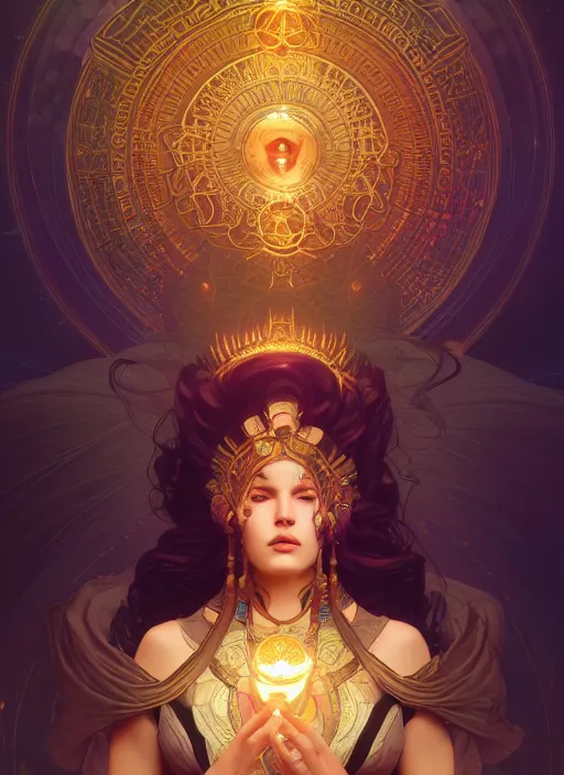 Prompt: Divine cosmic female power, glyphs, magic, artstation, high contrast, dramatic lighting, cgsociety, very detailed, intricate, detailed illustration, by artgerm and greg rutkowski and alphonse mucha, octane render, unreal engine, hyperrealism