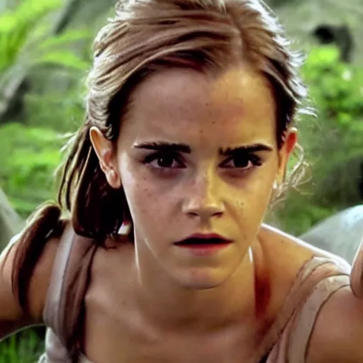 Prompt: Still of Emma Watson in Jurassic Park