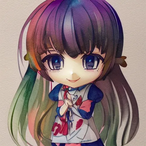 Image similar to beautiful water color concept art of the face detailing cute nendoroid girl in the style of line art, toon rendering, close-up, flat, lacking in three-dimensionality, flat tone, unshaded