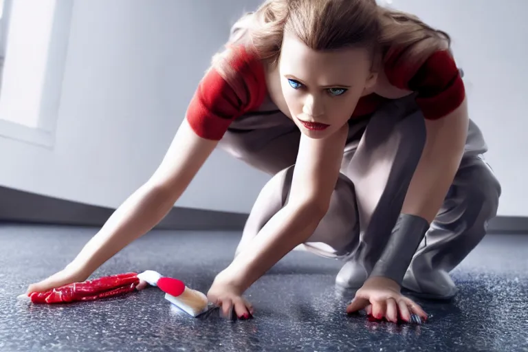 Prompt: close up of scarlet johannson as a female android on her hands and knees polishing the floor with a toothbrush, high resolution film still, 4 k, hdr color