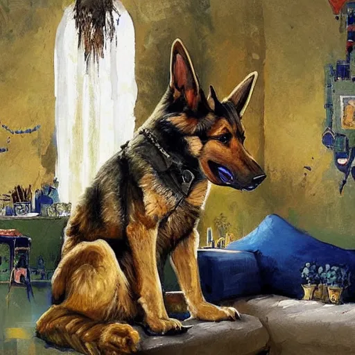 Image similar to a humanoid german shepherd beast - man, sitting and watching a soccer match in his house on television, he has hurt his knee and is a dad, by erin hanson, alexi zaitsev, karl spitzweg, award winning, tv set