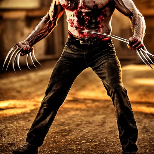 Image similar to wolverine, zombie, butcher, full body shot by yousuf karsh, golden hour, realistic, body shot, sharp focus, 8 k high definition, insanely detailed, intricate, elegant