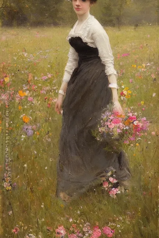 Prompt: Richard Schmid and Jeremy Lipking full length portrait painting of a young beautiful edwardian girl walking through a field of flowers