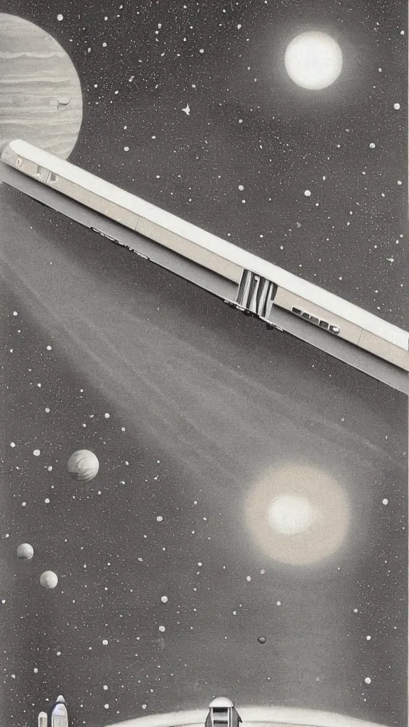 Prompt: a train traveling through a solar system, planet, galaxy, stars, 1950s art deco, retrofuturism, edward hopper