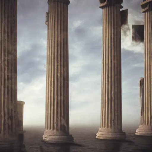 Prompt: photo, god's rejected first draft of humanity, inside a heavenly neo - futuristic greek revival beautiful cloud city with large white marble columns, golden hour lighting, god rays, volumetric lighting and fog