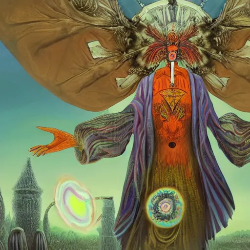 Prompt: 8K Portrait of centered chest up of a psychedelic godlike mothman shaman with moth face and giant mandala wings smoking a hand-rolled cigarette smoking heavily , magic mushroom village in background , post-processing , award winning. superb resolution. in the art style of junji Ito and greg rutkowski . Detailed Mushroom city in background. Hyper realistic anime. Perfect art. Dalle2