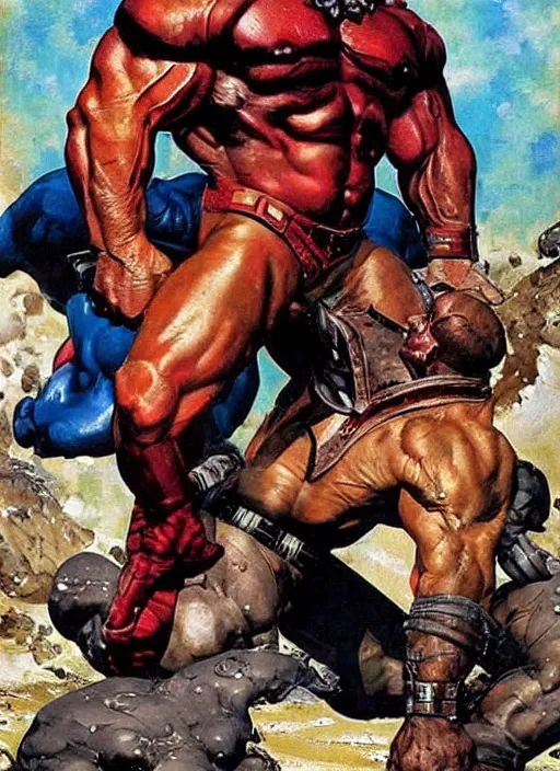 Image similar to full body and head portrait of huge mutant dorian yates as marvel's juggernaut, dynamic action, painted by norman rockwell and phil hale and greg staples and tom lovell and frank schoonover and jack kirby