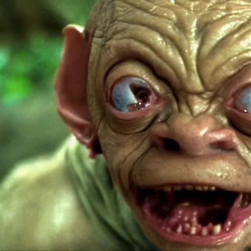 Image similar to film still of Joe Pesci playing Gollum in Lord of the Rings, 4k