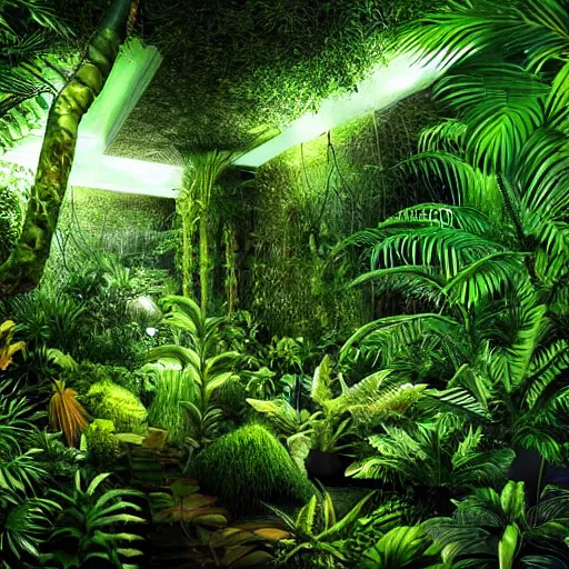Image similar to « detailed, jungle with low luminosity, far view, luminescent plants »
