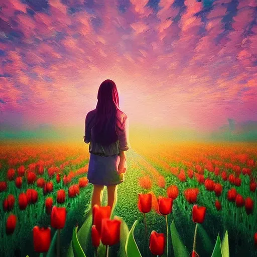 Prompt: large tulip head, girl walking in a flower field, surreal photography, sunrise dramatic light, impressionist painting, colorful clouds, digital painting, artstation, simon stalenhag, flower face