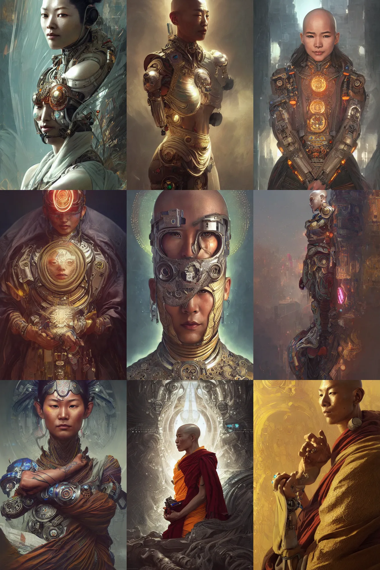 Prompt: Ultra realistic illustration, Cyborg Tibetan monk, cyberpunk, sci-fi, fantasy, intricate, elegant, highly detailed, digital painting, artstation, concept art, smooth, sharp focus, illustration, art by artgerm and greg rutkowski and alphonse mucha