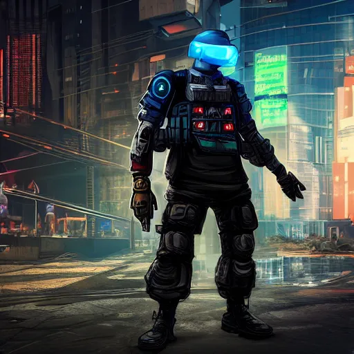 Image similar to a cyberpunk tank in the middle of a cyberpunk street cyberpunk man standing next to the tank and holding a weapon photo - realistic