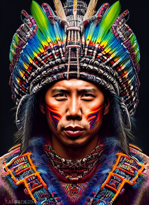 Image similar to portrait of donnie yen, hyper detailed ultra sharp aztec shaman warrior. trending on artstation, warpaint aesthetic, bloodwave, colorful, psychedelic, ornate, intricate, digital painting, concept art, smooth, sharp focus, illustration, art by artgerm and greg rutkowski and h. r. giger, 8 k