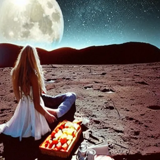 Image similar to beautiful romantic picnic on the moon looking at earth