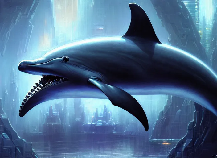 Prompt: wideangle!! portrait shot of a cyberpunk dolphin with robotic implants in star wars, intricate, elegant, highly detailed, centered, digital painting, artstation, concept art, smooth, sharp focus, illustration, artgerm, tomasz alen kopera, peter mohrbacher, donato giancola, joseph christian leyendecker, wlop, boris vallejo