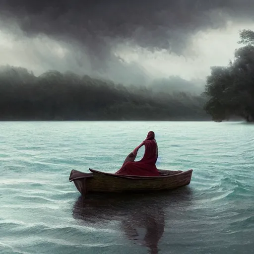 Prompt: an person with a cape on sitting in an boat in the middle of an green lake during storm, Matte painting , detailed painting, greg rutkowski