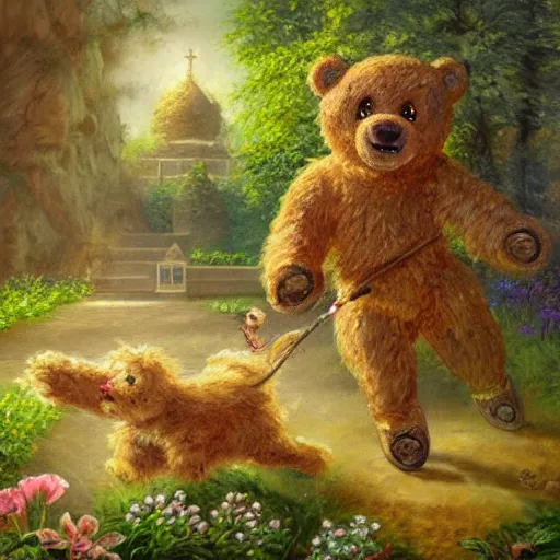 Prompt: breathtaking detailed concept art painting of a teddy bear chasing will-o-wisp in the garden, orthodox saint, ornate background