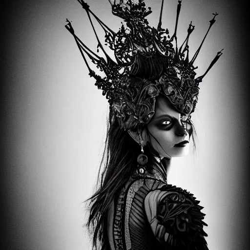 Image similar to a portrait of female model by stefan geselle and nekro borja, photorealistic, intricate details, hyper realistic, dark fantasy, ornate headpiece, dark beauty, photorealistic, canon r 3, photography, wide shot, photography, dark beauty