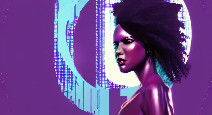 Image similar to portrait of beautiful cyberpunk black woman, rio de janeiro!! pao de acucar!! corcovado ipanema!! on the background, soft purple lighting digital art trending on artstation concept art