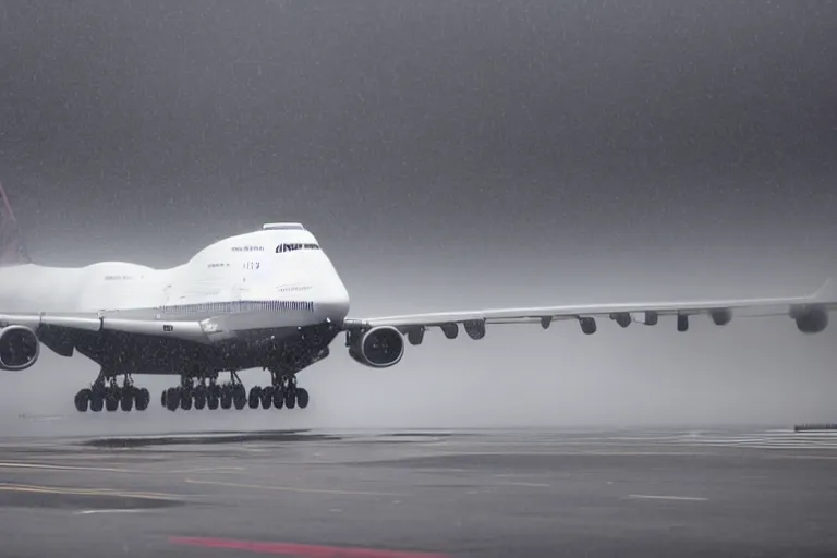 Image similar to detailed photo a boeing 7 4 7 landing at a 4 5 degree angle, on a runway in heavy rain and wind, photo from a spectator, 8 k, natural lighting