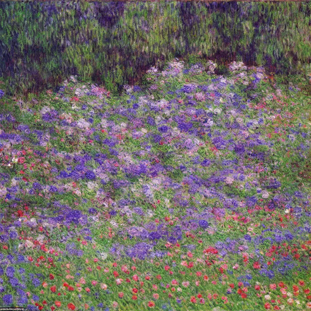 Image similar to a gorgeous garden on the edge of a cliff filled with beautiful flowers of blue and violet and pink from all around the world, monet