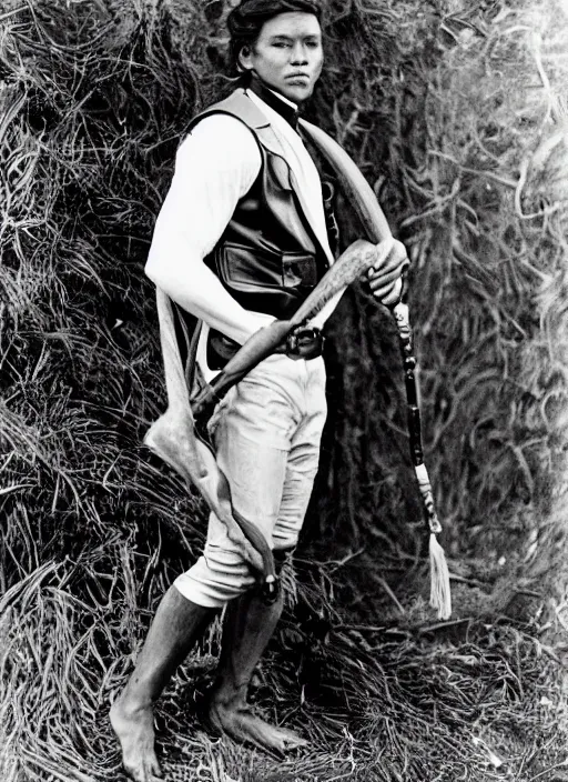 Prompt: a male ranger with a bongo drum and holding nunchaku, wearing a leather vest and white linen pants, chiseled good looks, long swept back blond hair, puka shell necklace, gertrude kasebier