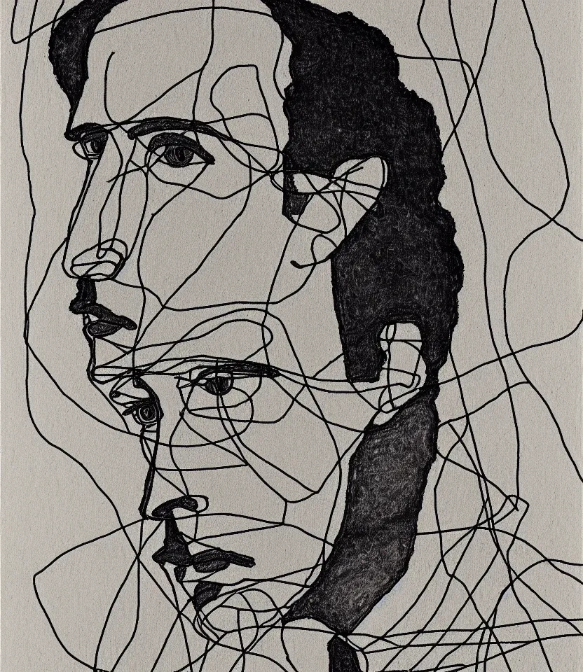 Prompt: minimalist line art portrait of french writer romain rolland, inspired by egon schiele. contour lines, musicality, twirls and curves, strong personality