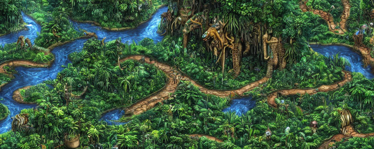 Prompt: highly detailed jungle of lies inhabited by interesting creatures with jobs and homes, bushes, trees, plants, wild, rivers, streams, paths, signs, hdr, maximalist, photorealism