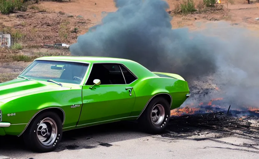 Image similar to a green 1 9 6 9 chevrolet camaro zl jumping over a fire explosion