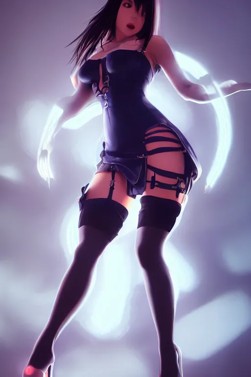 Prompt: 8 k photo of tifa lockhart, tight dress, stockings, stilettos, centered full body, highly detailed, featured on deviantart, neon lighting, artgerm, greg rutkowski, wlop, ilya kushinov, rossdraws