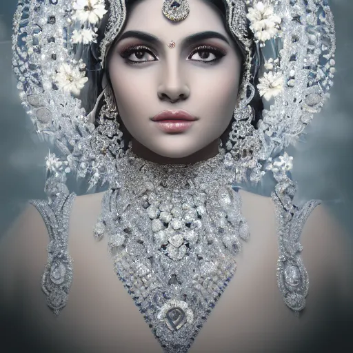 Prompt: portrait of wonderful hindi princess of white diamonds with fair skin, white flowers, ornate with white diamonds, 8 k, gorgeous, intricate, detailed, glowing white accent lighting, dramatic lighting, octane render