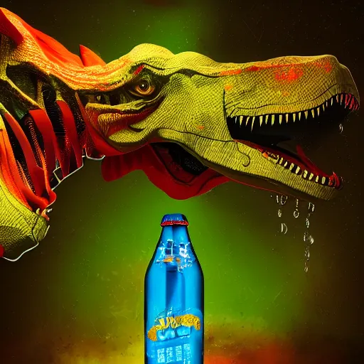 Image similar to t - rex drinking a giant ipa, hop vibes growing everywhere intricate complexity, inverted rainbow drip paint, psychedelic glitch art, trending on art station, photoreal, 8 k, octane render