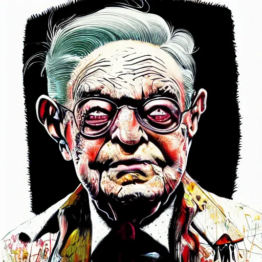 Image similar to George Soros full body shot, dollar bills Body horror, biopunk, by Ralph Steadman, Francis Bacon, Hunter S Thompson