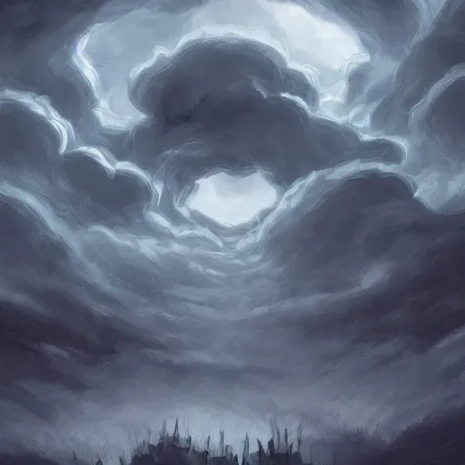 Image similar to dark storm clouds made out of hundreds of sad haunting faces. berserk. lovecraftian. magic the gathering. digital painting. trending on artstation.