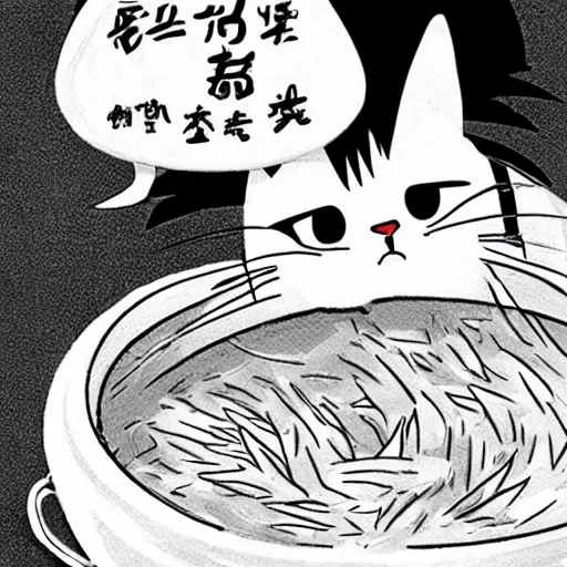 Image similar to manga cat by Hayao Miyazaki eats from a bowl of rice, black and white manga