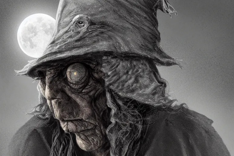 Prompt: a blind old wizard in a pointed hat, frightened look, empty eyes, dark night, full moon, extreme close up, crows on the oak tree, highly detailed digital art, photorealistic