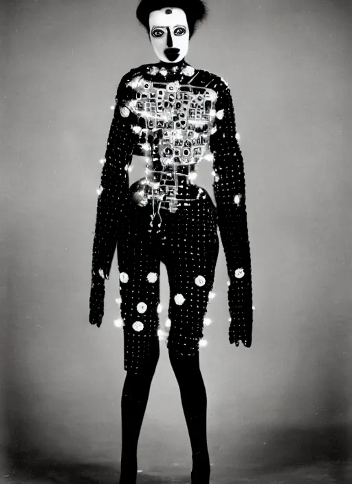 Image similar to Portrait of a punk goth fashion fractal cosmonaut girl wearing kimono made of circuits and leds, surreal photography by Man Ray