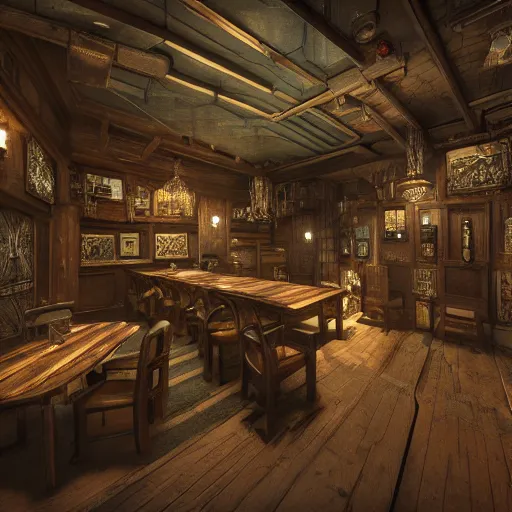 Prompt: Realistic Interior Concept design of very very very highly detailed Tavern in Mixed style of Medieval and in style of Cyberpunk, Many details by Hiromasa Ogura. More cyberpunk a lot less Medieval. Panorama 360 degrees Rendered in unreal engine 5, artstationHD, 4k, 8k, 3d render, 3d Houdini, cinema 4d, octane RTX volumetric natural light