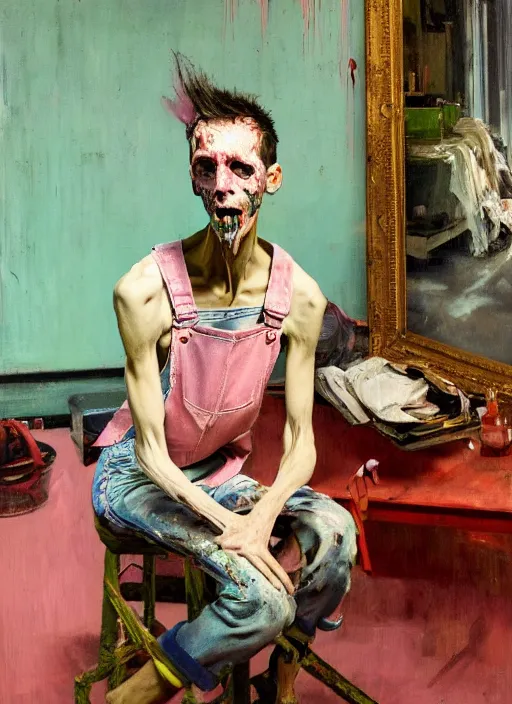 Image similar to an insane, skinny, artist wearing torn overalls, expressive emotions, inside a grand messy studio, depth of field, hauntingly surreal, highly detailed oil painting, by francis bacon, edward hopper, adrian ghenie, glenn brown, soft light 4 k in pink, green and blue colour palette, cinematic composition, high quality octane render, masterpiece