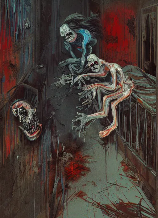 Image similar to two dark figures laughing inside a decayed Romanian motel room, Neo-Gothic, gothic, rich deep colors. intricate artwork in the style of Francis bacon and James jean, part by Gerhard Richter, part Petra cortright, highly detailed, very coherent, horror, rich colours