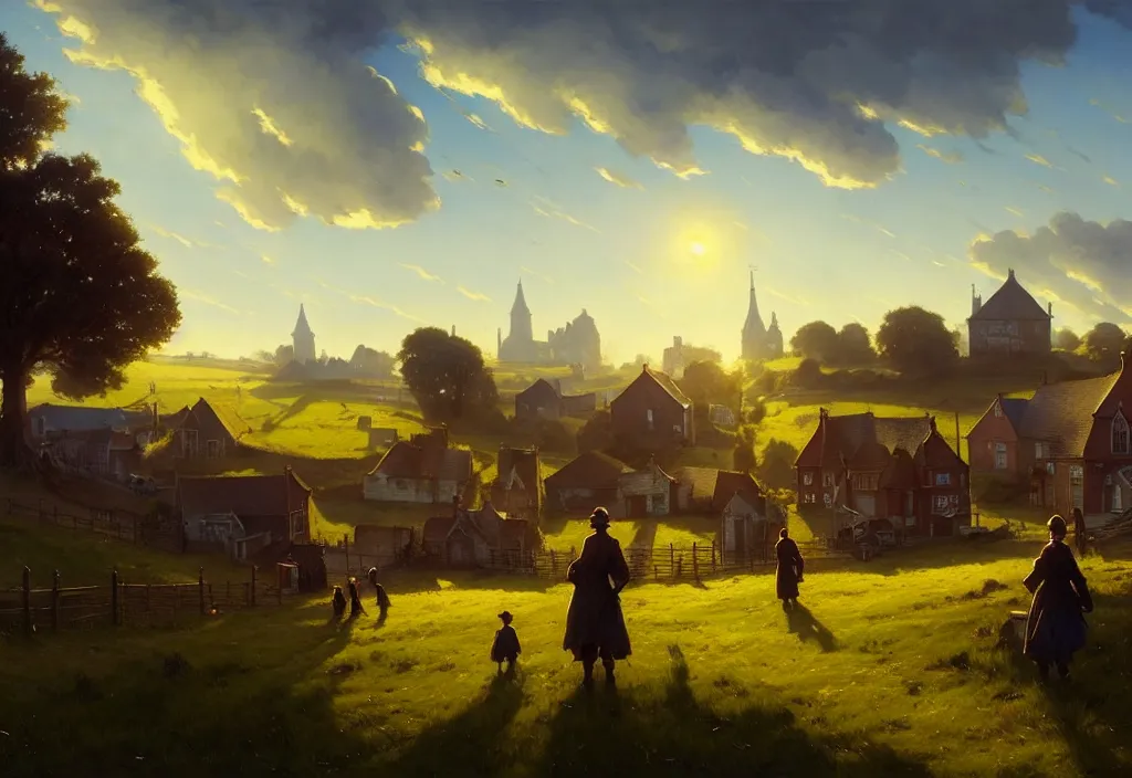 Image similar to a victorian town scene, houses and a field in the background, clear blue sky, cinematic view, epic sky, detailed, concept art, high angle, high detail well lit, volumetric, godrays, vivid, trending on artstation, by jordan grimmer, art greg rutkowski