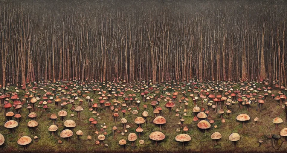Prompt: A tribal village in a forest of giant mushrooms, by Dan Witz