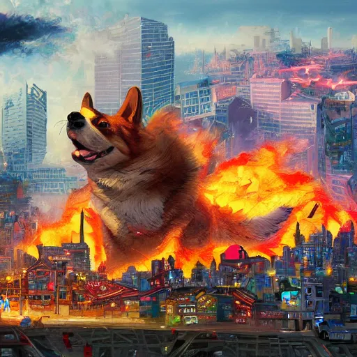 Prompt: a giant corgi destroying a city, lots of fire, by kim jung gi, paul heaston, extremely wide angle shot, trending on art station, 4 k, vibrant lighting