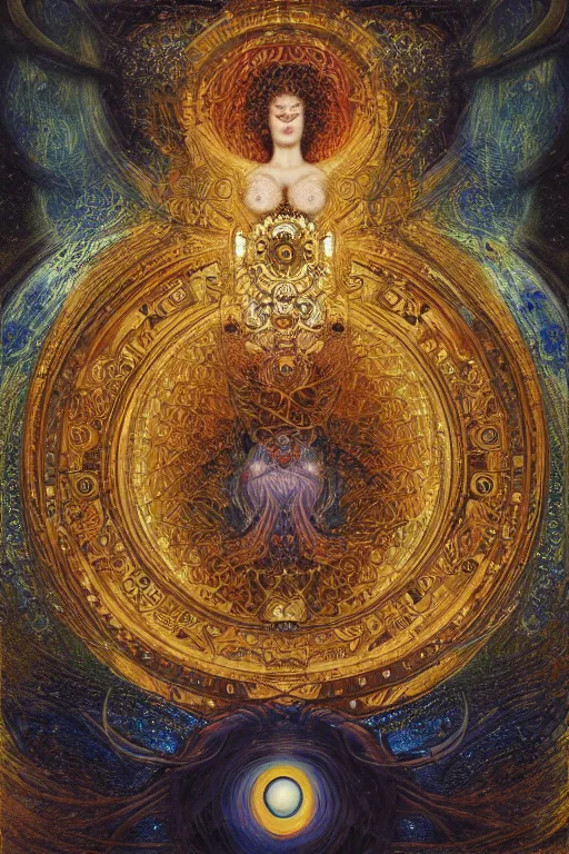Prompt: Divine Chaos Engine by Karol Bak, Jean Deville, Gustav Klimt, and Vincent Van Gogh, sacred geometry, visionary, mystic, spiritual, fractal structures, ornate gilded medieval icon, third eye, spirals