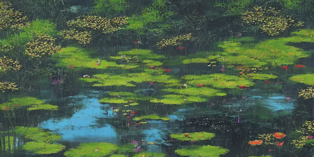 Image similar to pond landscape, by feifei ruan, intricate, sharp focus, detailed, serenity, lively colors