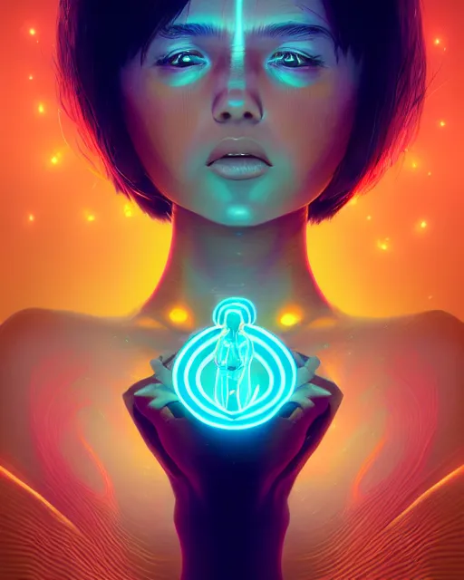 Image similar to lsd, glowing trails, full - body, a beautiful woman, dramatic lighting, by ilya kuvshinov, artgerm, wlop, lois van baarle, digital painting, ultra detailed colorful intricate repeating geometric fractals in the background by moebius, beeple, 4 k, artstation